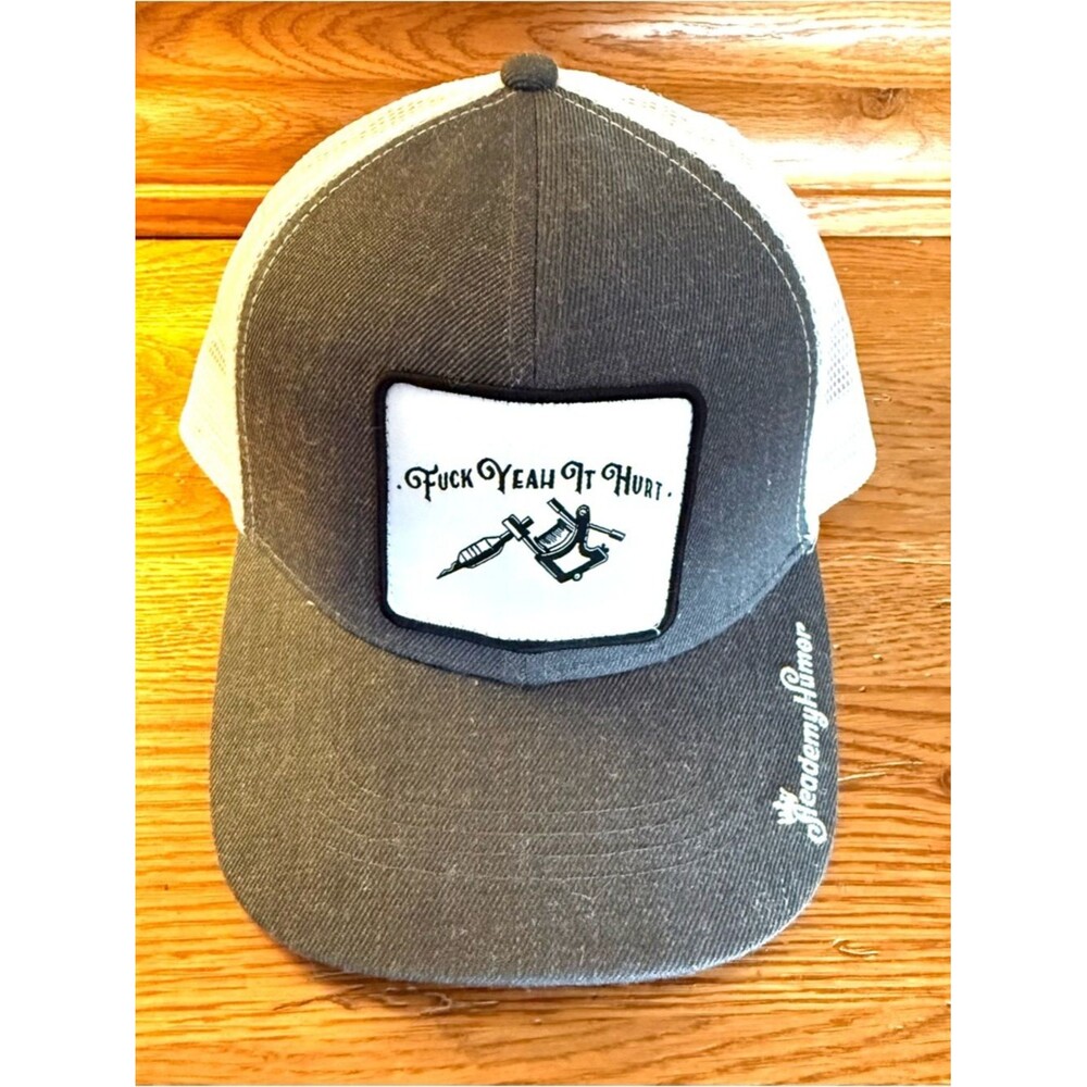 Gray & White Trucker Hat with Tattoo Shop Patch